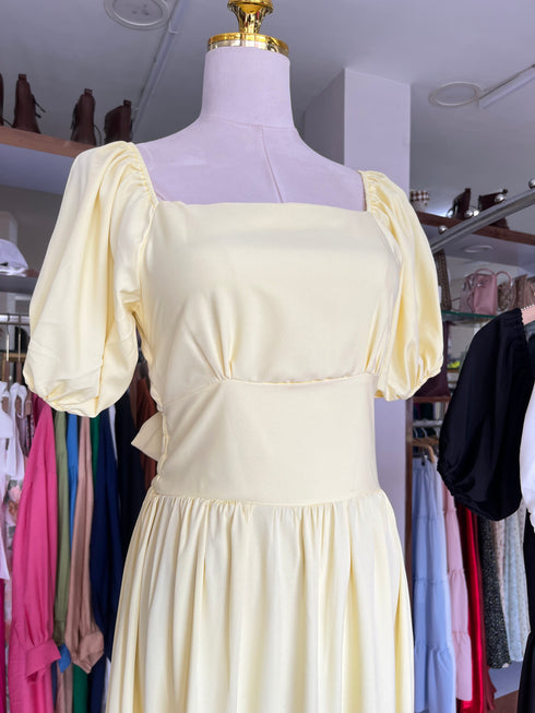 Square Neckline Puff Sleeves Flounce Long Dress